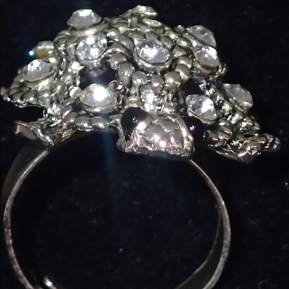 Vintage Ring Crystal Turtle Silver Adjustable Band Size 7 A Statement Piece Rare